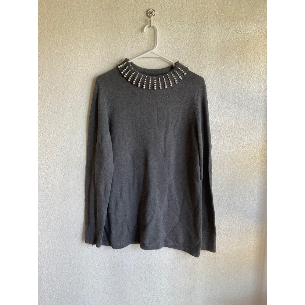 Talbots Sabrina Cashmere Pearl Tunic Sweater Heather Grey Mock Neck NWT Large